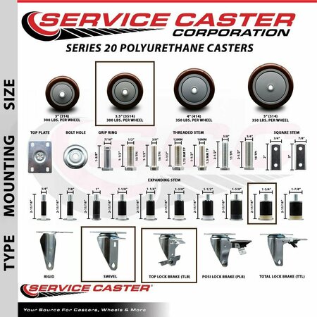 Service Caster 3.5'' Maroon Poly Swivel 1-3/4'' Expanding Stem Caster with Brake SCC-EX20S3514-PPUB-MRN-TLB-134